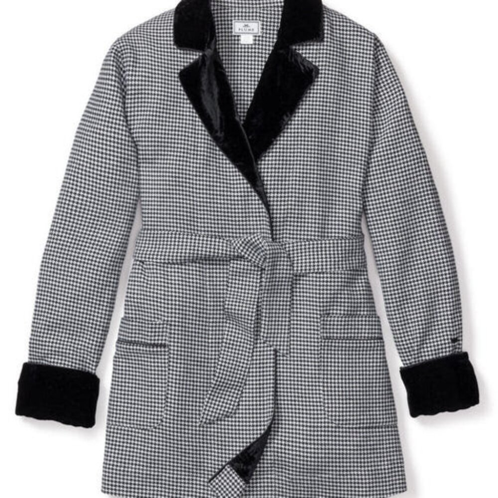 Petite Plume Women's Flannel Car Coat Robe Velvet Trim West End Houndstooth L